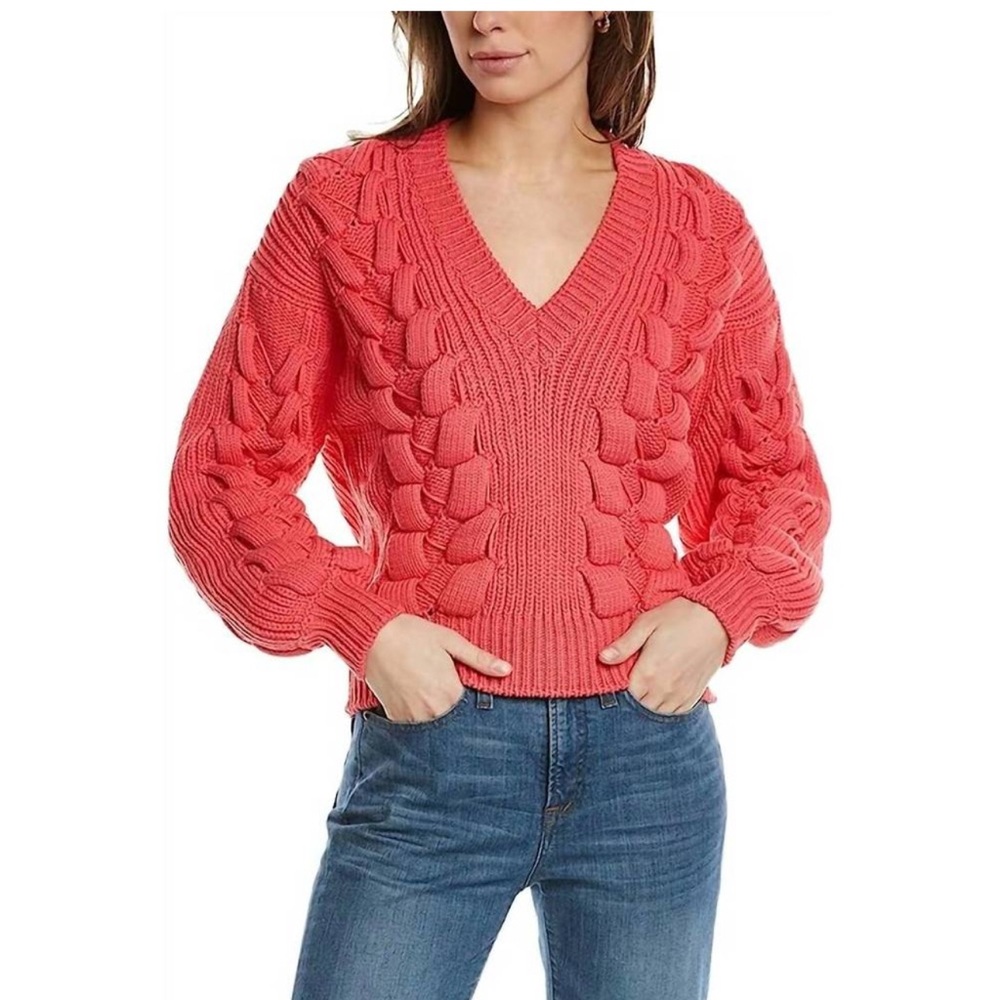 💖 IRO Awry Warm Pink Chunky Cable Knit V-Neck Sweater XS Puff Sleeve ✨